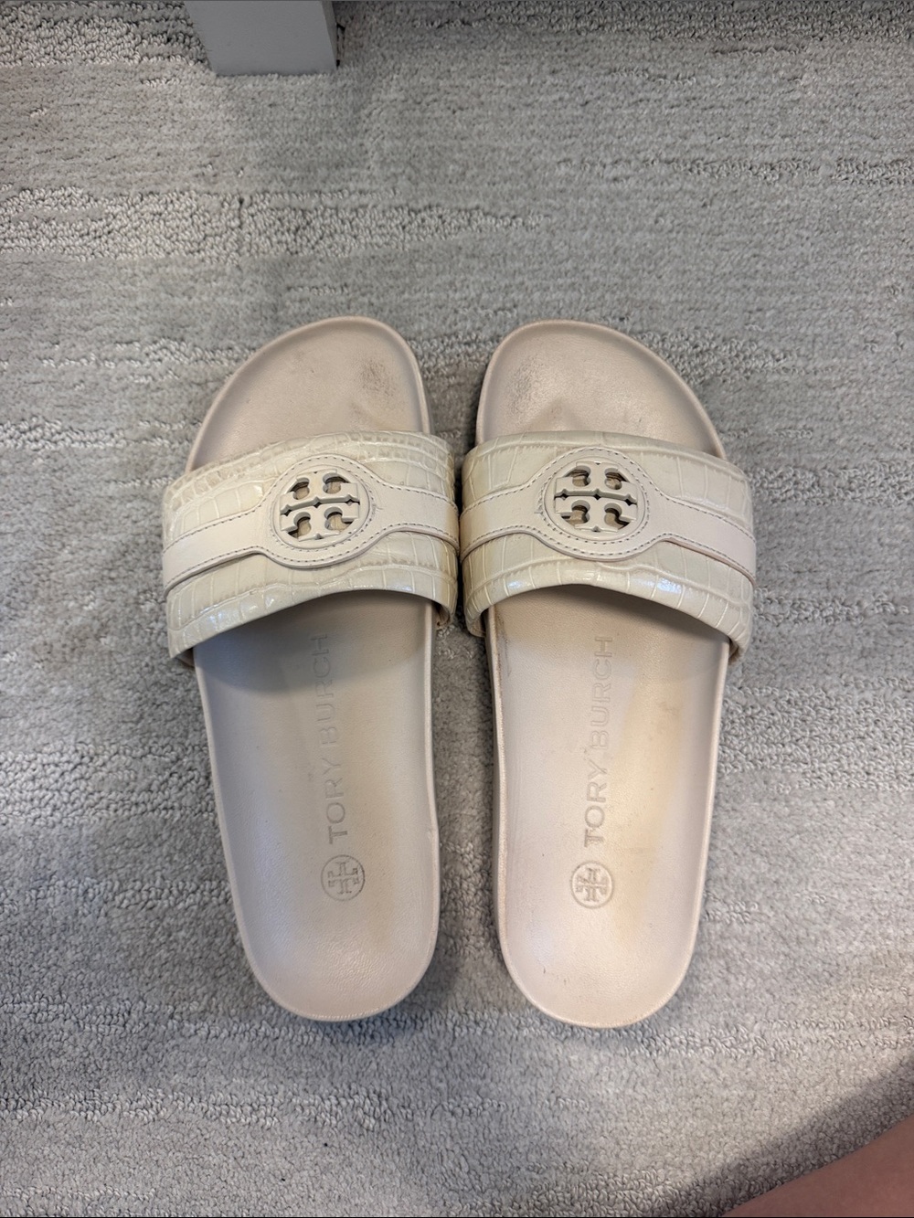 Tory Burch Ivory Croc-Embossed Slide Sandals
